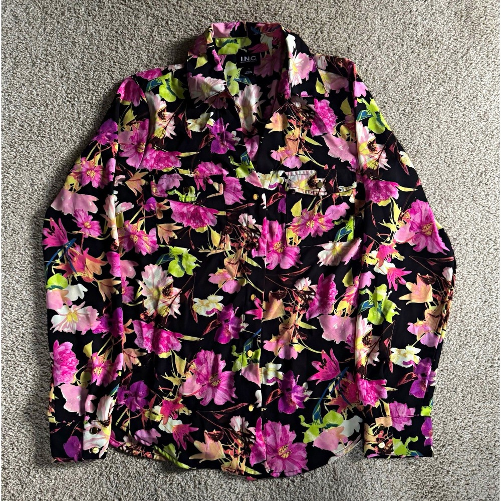 INC International Concepts Size S Black Floral Collared Button Blouse